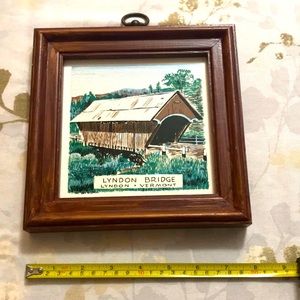 Vintage Porcelain Covered Bridge Tile/Trivet with Wood Frame